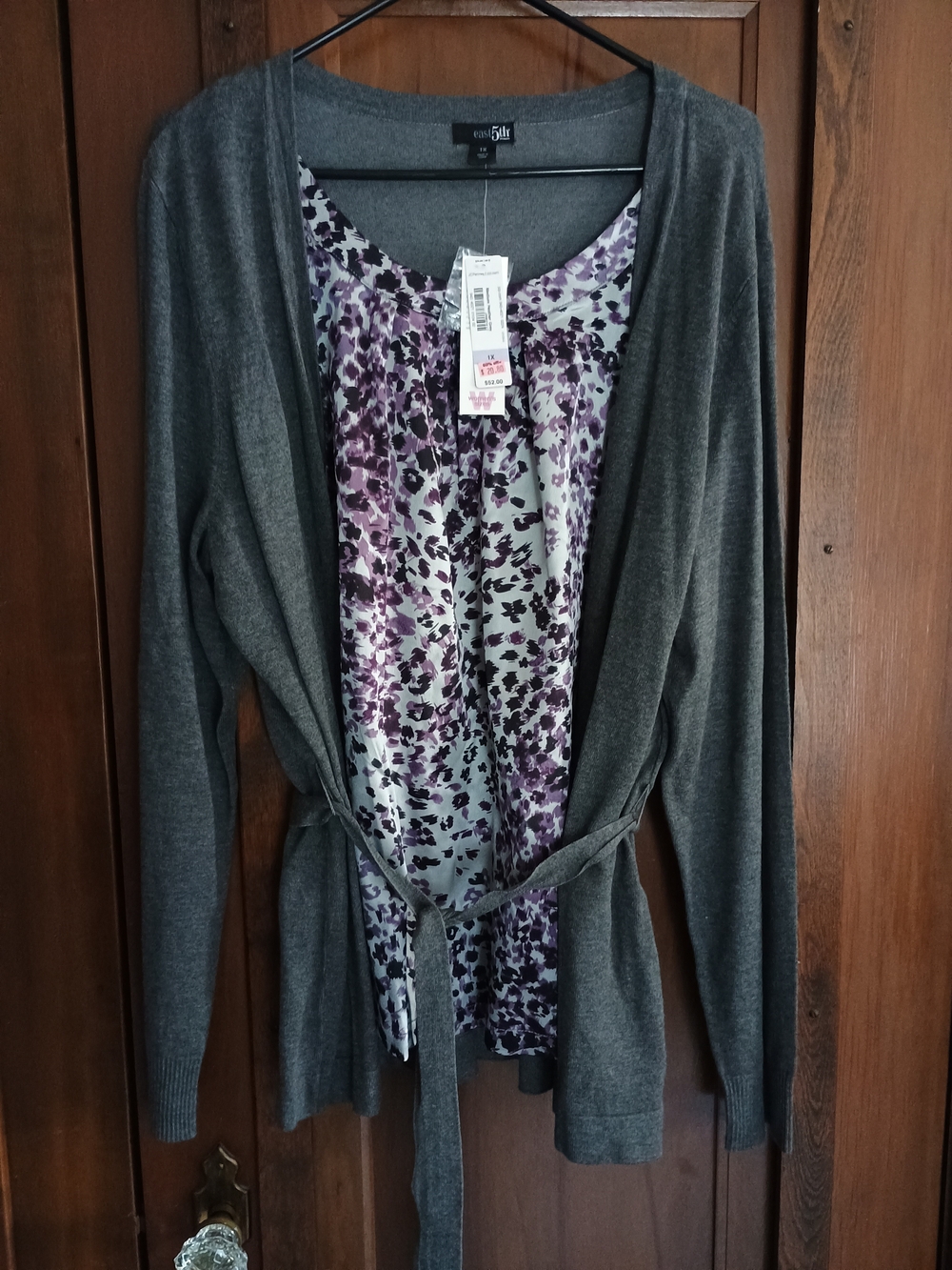 East 5th Gray Knit Cardigan with Purple Floral Tank